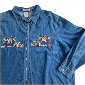 Vintage Just My Size Womens Embroidered Denim Button Up Top 26 28 Fall Harvest